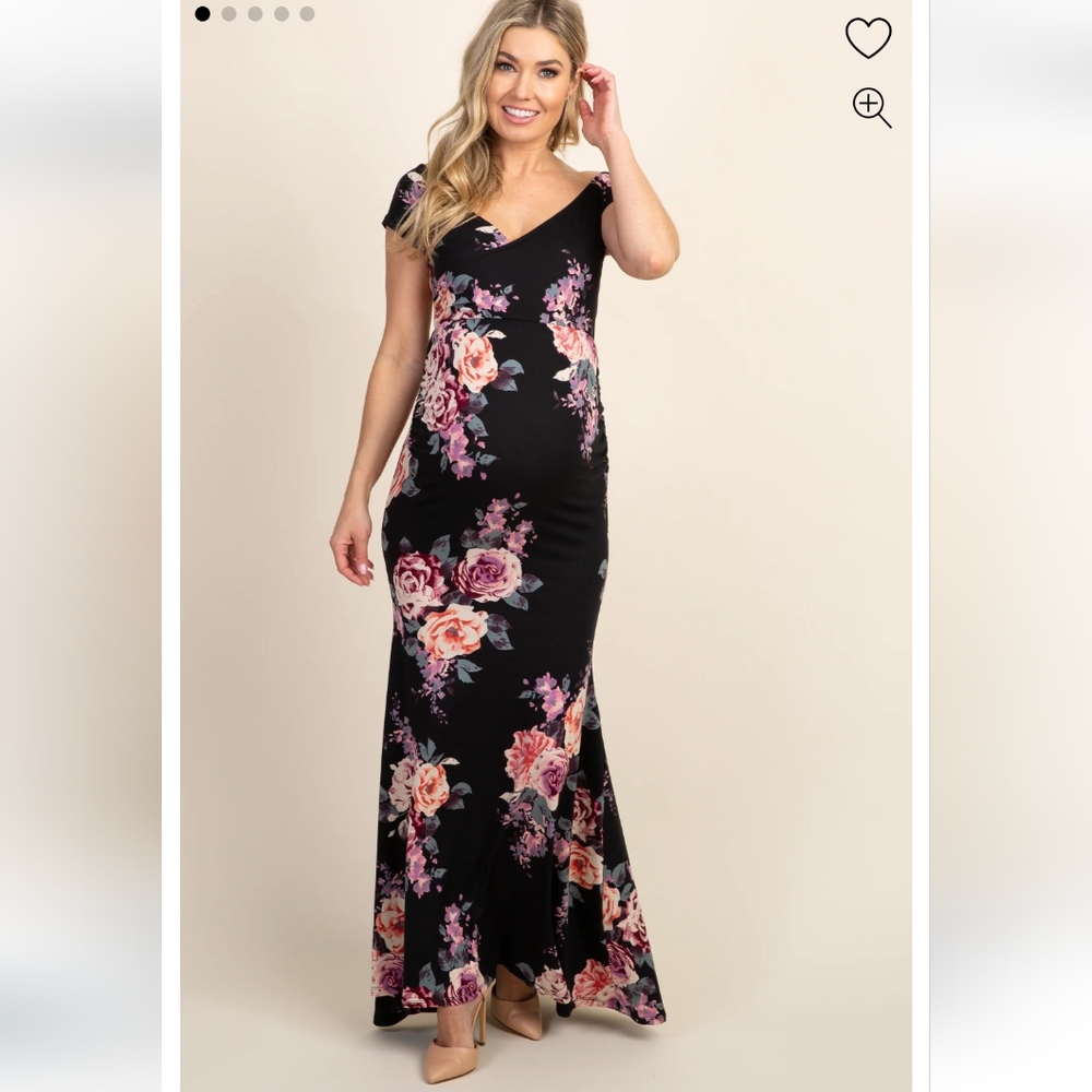PinkBlush Black Rose Floral Off Shoulder Wrap Maternity Photoshoot Gown/Dress
